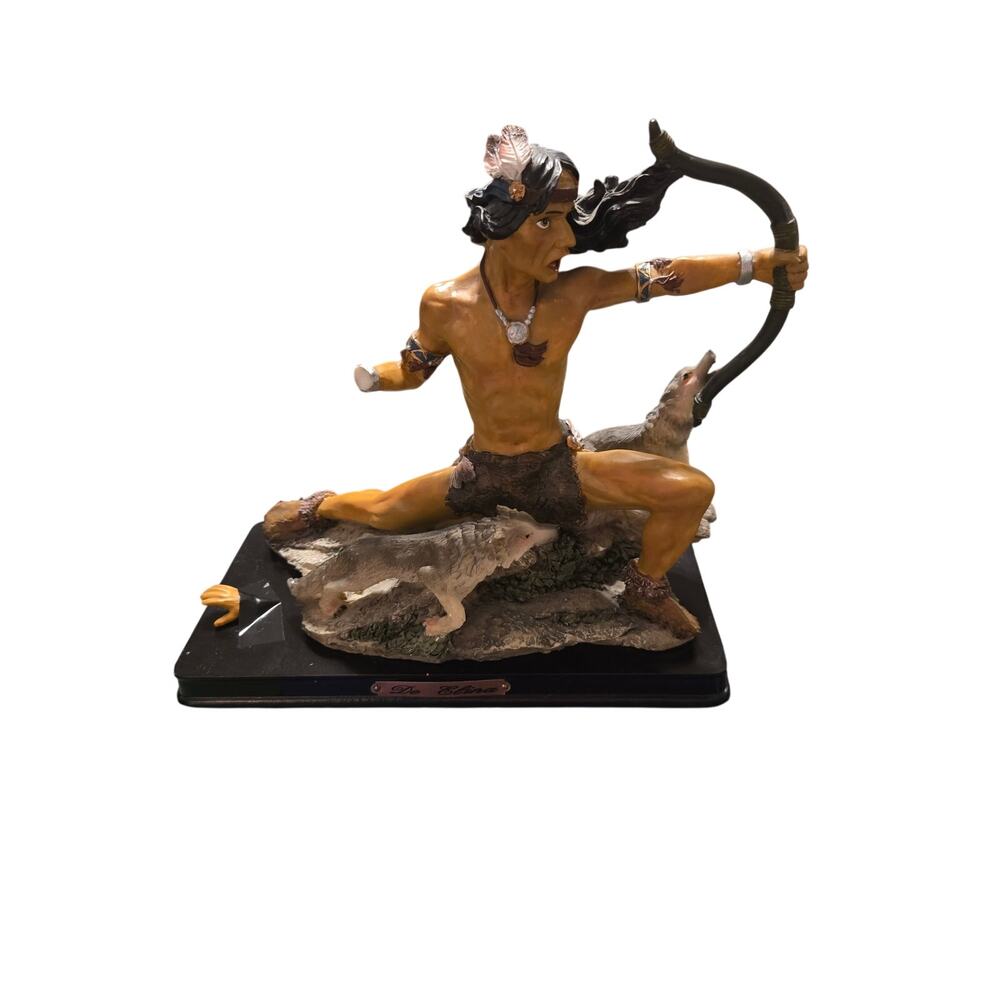 Vintage De Elina Native American Warrior with Wolves Statue 9”